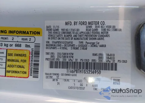 2016 Ford Mustang Ecoboost z USA, uszkodzony, nr VIN 1FA6P8TH1G5256950